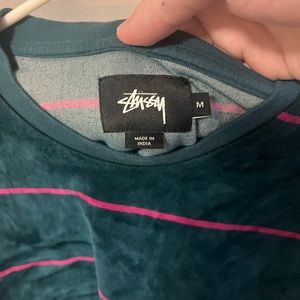 Stussy velour crewneck sweatshirt striped pink and green size M